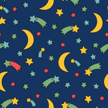 Kesintisiz gece gökyüzü desen. Yıldız, kuyruklu yıldız, ayın, meteorit ile komik arka plan.