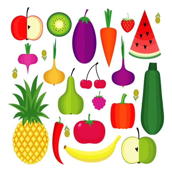 Набор свежих здоровых фруктов и овощей выполнен в плоском стиле. Элемент дизайна вектора здорового образа жизни или питания . — стоковый вектор