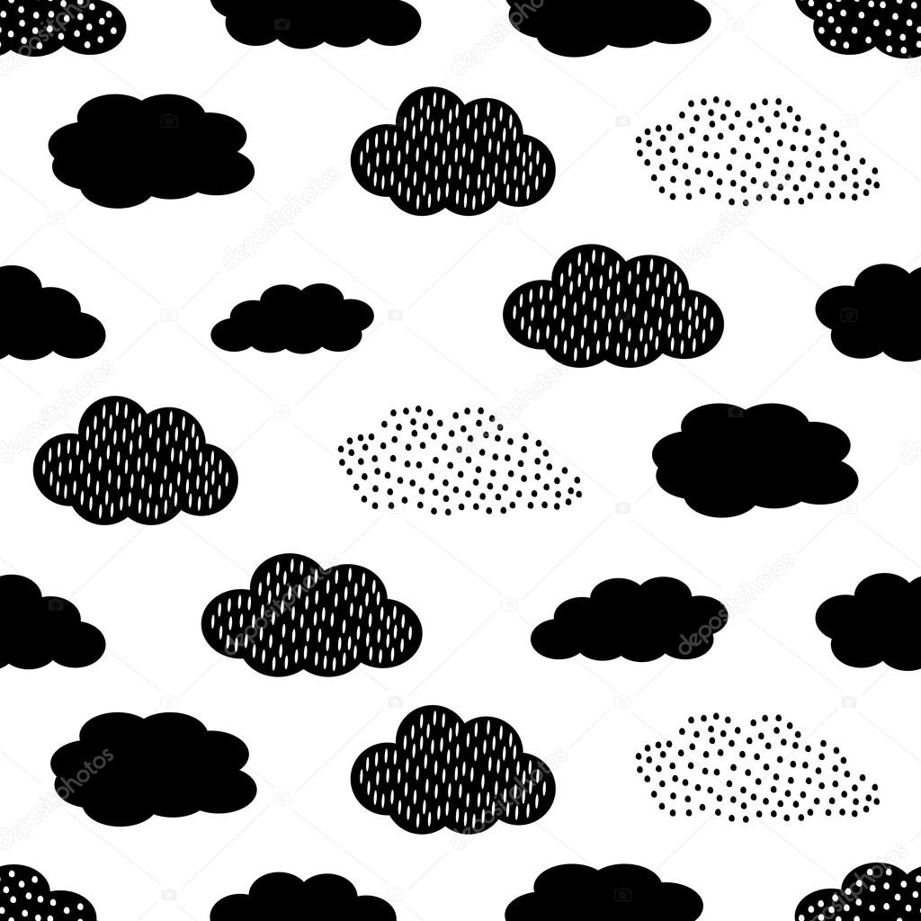 Black and white seamless pattern with clouds. Cute baby shower vector background.