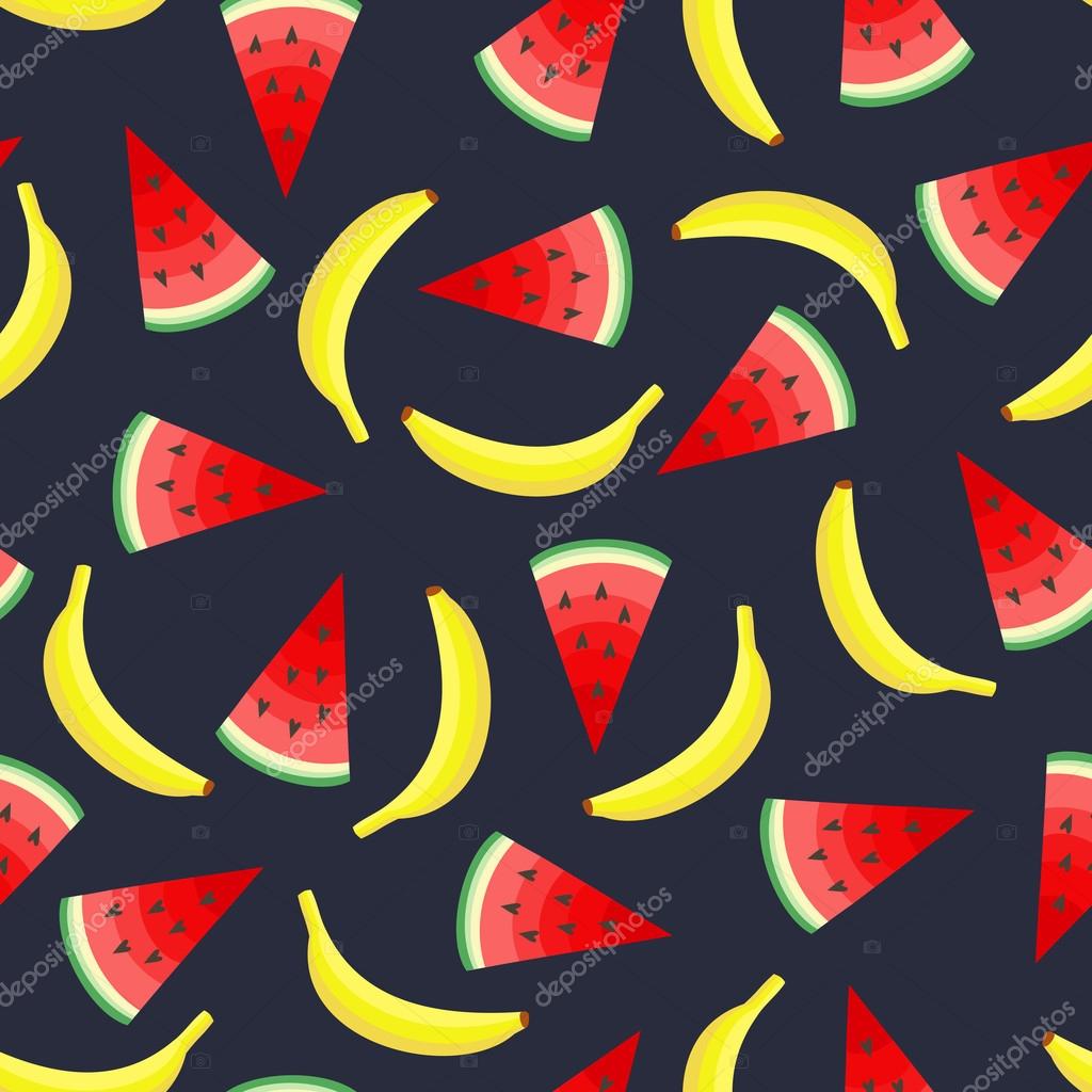 Seamless Pattern With Yellow Bananas And Juicy Watermelon Slices Seamless Pattern With Yellow Bananas And Juicy Watermelon Slices On Dark Grey Background Stock