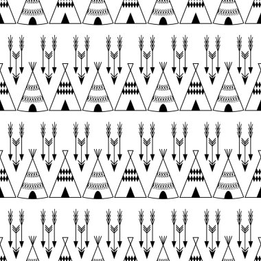 Siyah ve beyaz Hint arka plan deseni vektör. Tee pee tek renkli Kızılderili yaz çadır desen.