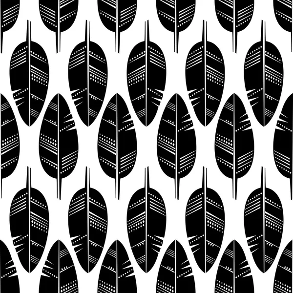 Seamless mönster av svarta fjädrar på vit bakgrund. Boho stil konsistens. — Stock vektor