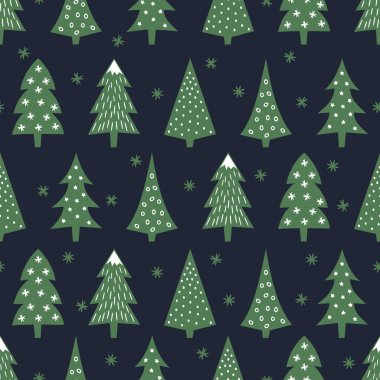 Basit Dikişsiz retro Noel desen - çeşitli Noel ağaçları, yıldız ve kar taneleri. Mutlu yeni yıl arka plan. Vektör tasarımı için kış tatil koyu mavi zemin üzerine.
