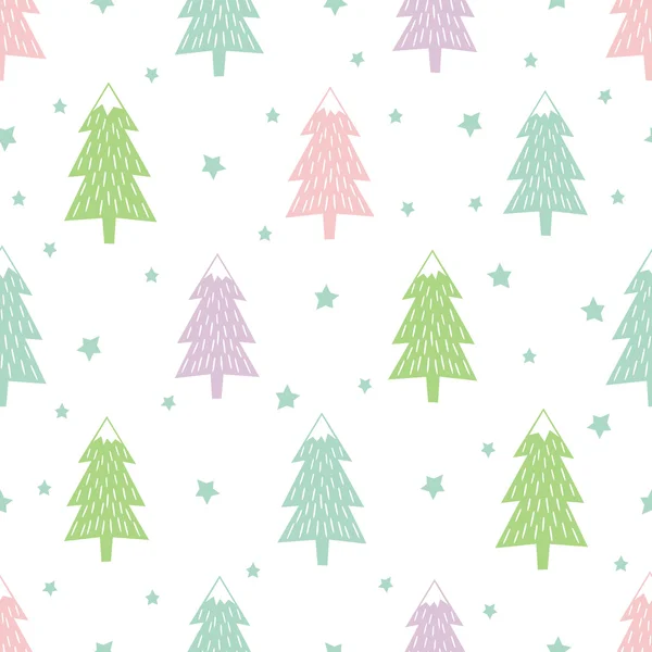 Pastel Happy New Year fond. Modèle de Noël rétro simple et homogène - arbres de Noël variés, étoiles et flocons de neige . — Image vectorielle