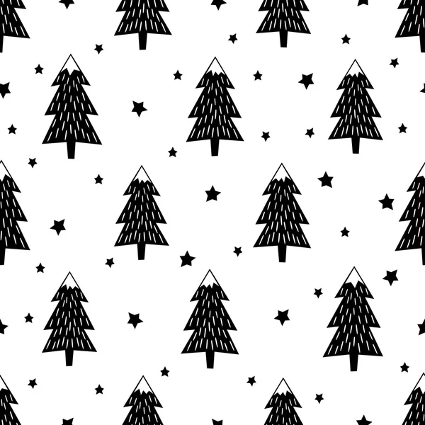 Siyah ve beyaz Dikişsiz Noel desen - çeşitli Noel ağaçları, yıldız ve kar taneleri. Mutlu yeni yıl arka plan.