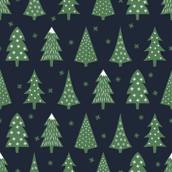 Patrón de Navidad retro sin costuras simple - variados árboles de Navidad, estrellas y copos de nieve. Feliz Año Nuevo. Diseño vectorial para vacaciones de invierno sobre fondo azul oscuro . Vector De Stock