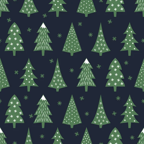 Simple seamless retro Christmas pattern - varied Xmas trees, stars and snowflakes. Happy New Year background. Vector design for winter holidays on dark blue background. — Stock Illustration Simple seamless retro Christmas pattern - varied Xmas trees, stars and snowflakes. Happy New Year background. Vector design for winter holidays on dark blue background. Stock Illustration