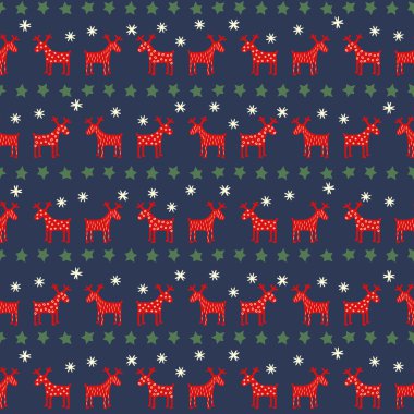 Dikişsiz retro Noel desen - çeşitli Xmas reindeers, yıldızlar ve kar taneleri.