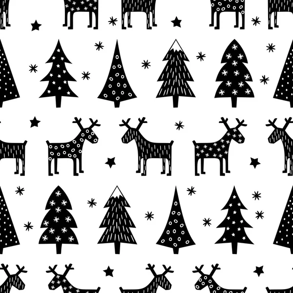 Nahtloses Retro-Weihnachtsmuster - abwechslungsreiche Weihnachtsbäume, Rentiere, Sterne und Schneeflocken. — Stockvektor