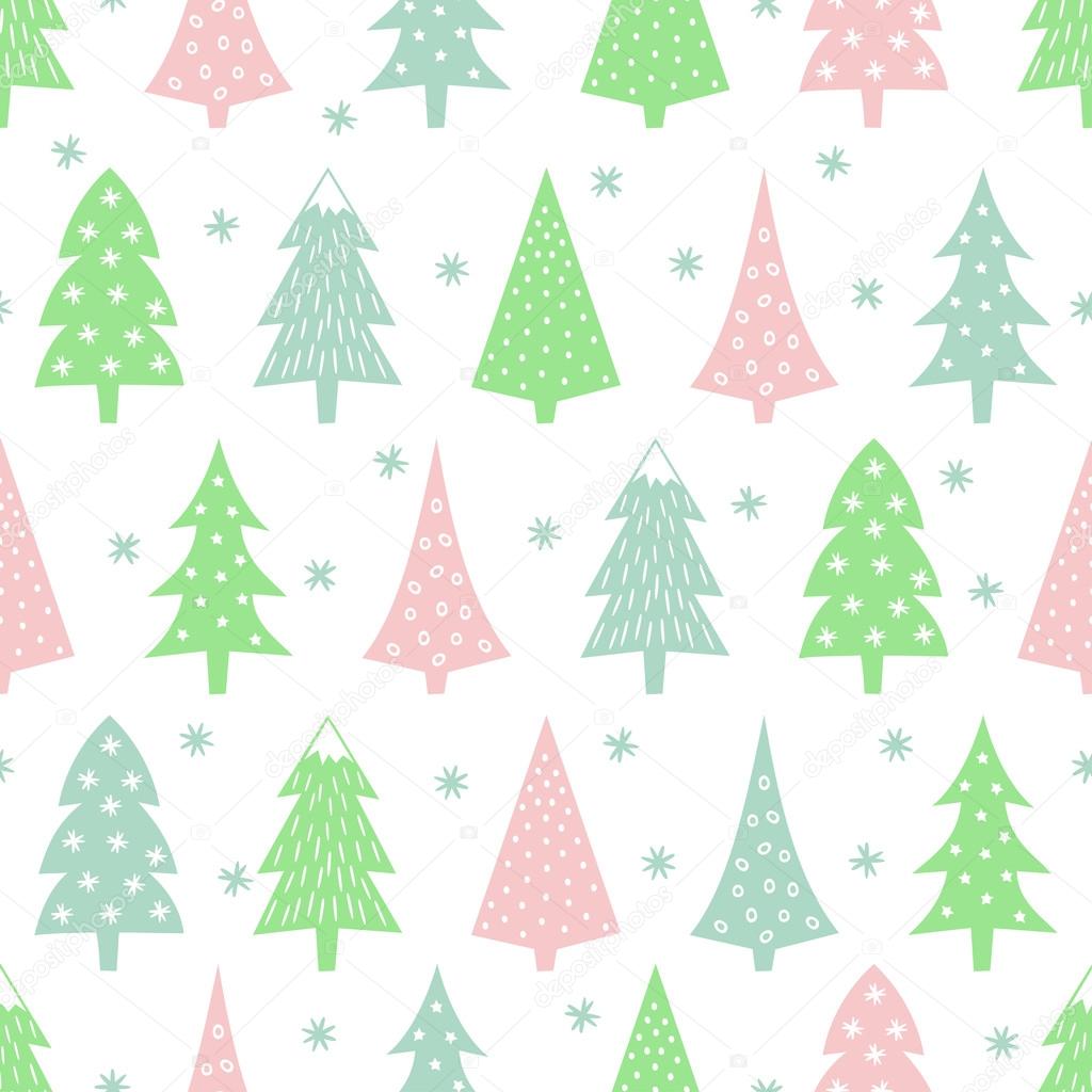 Simple seamless retro Christmas pattern - varied Xmas trees, stars and snowflakes.
