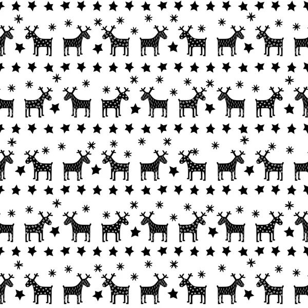 Siyah ve beyaz Dikişsiz retro Noel desen - çeşitli Xmas reindeers, yıldızlar ve kar taneleri. Mutlu yeni yıl arka plan.