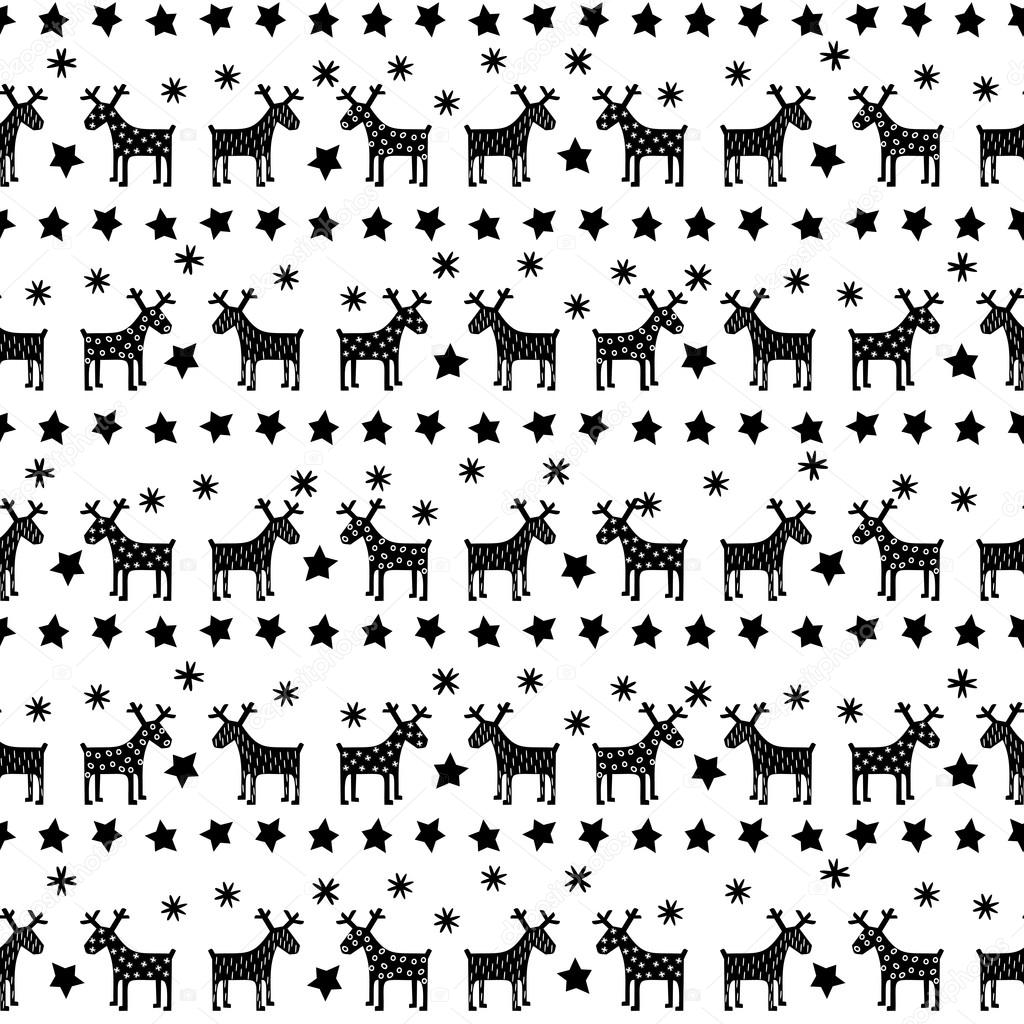 Black and white seamless retro Christmas pattern - varied Xmas reindeers, stars and snowflakes. Happy New Year background.