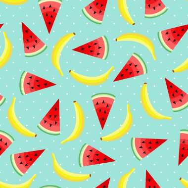 Sarı muz ve sulu karpuz dilimleri ile Seamless modeli. Sevimli vektör karpuz muz arka plan.