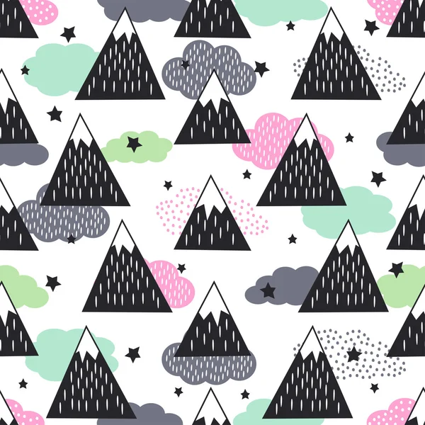 Seamless pattern with geometric snowy mountains, clouds and stars. — Stock Vector