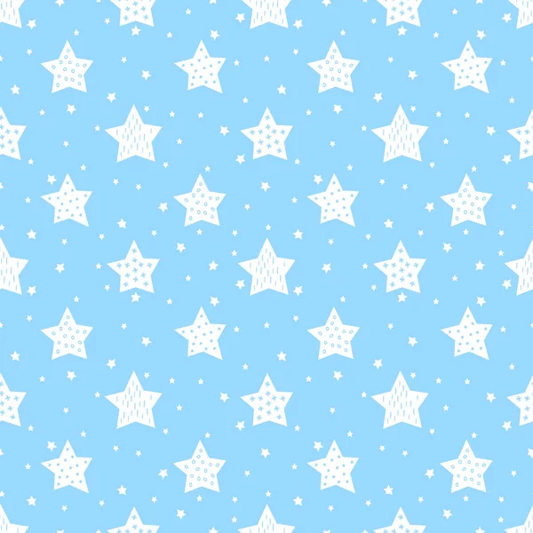 Nahtloses Muster mit niedlichen Sternen für Kinder. Baby Dusche blauer Vektor Hintergrund. — Stockvektor