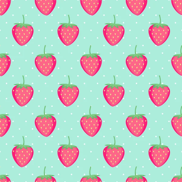 Cute vector strawberry pattern. Summer fruit illustration on mint polka dots background. — Stock Vector