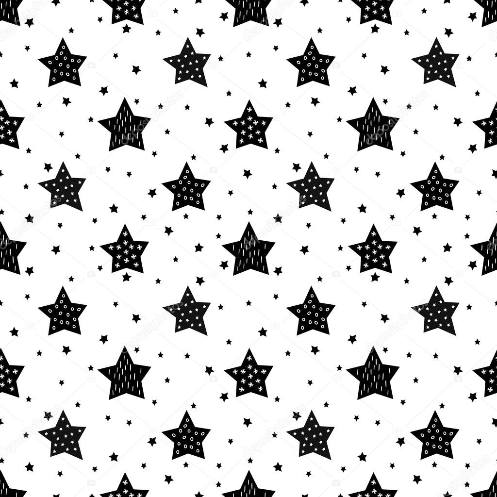Seamless black and white pattern with cute stars for kids.
