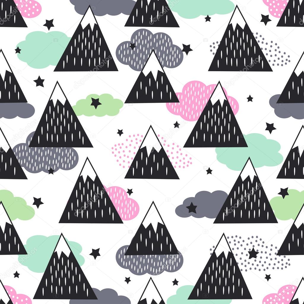 Seamless pattern with geometric snowy mountains, clouds and stars.