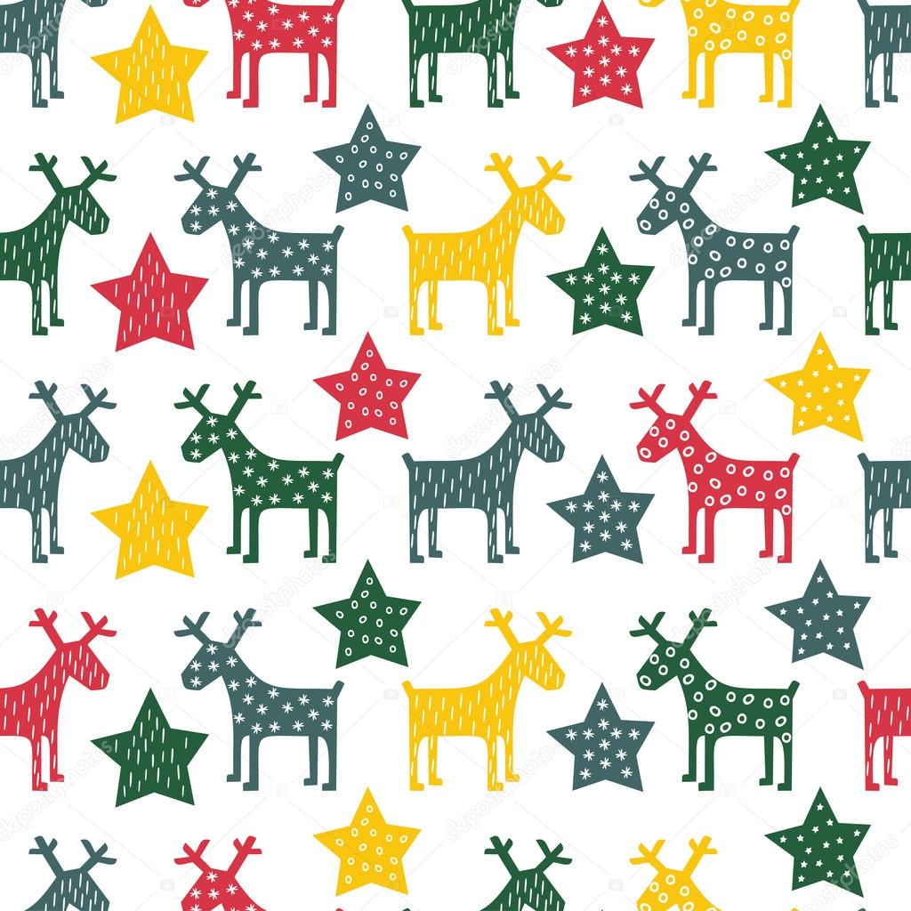 Colorful seamless retro Christmas pattern - Xmas reindeer and night stars. Happy New Year background.