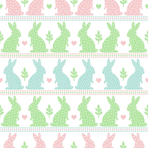 Lindo patrón de Pascua con conejito de Pascua, planta y corazones sobre fondo blanco . — Vector de stock