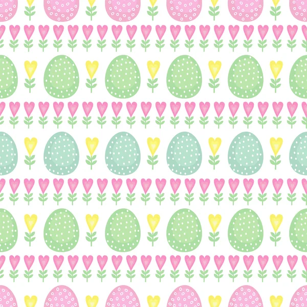 Seamless Easter pattern, card. Vector background with Easter eggs, spring flowers and hearts. — Stock Vector