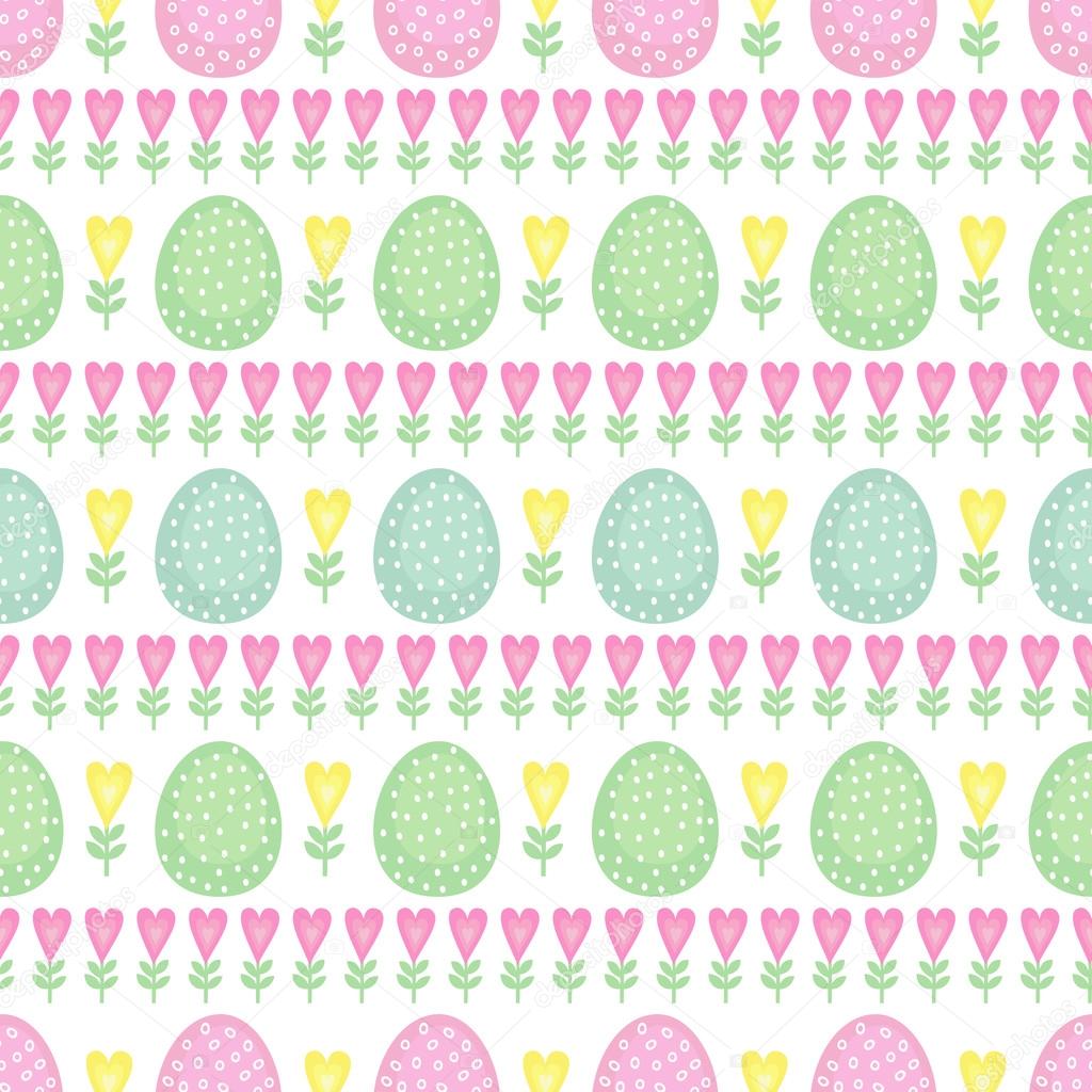 Seamless Easter pattern, card. Vector background with Easter eggs, spring flowers and hearts.
