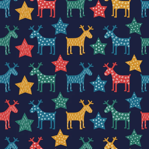 クリスマスのベクトル図です。カラフルなシームレスなクリスマスのパターン - トナカイと星。暗い青色の背景に冬休みのためベクトル設計. — ストックベクタ
