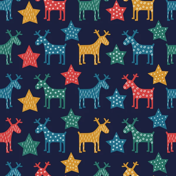 Ilustração do vetor do Natal. Padrão de Natal sem costura colorido - renas e estrelas. Projeto vetorial para férias de inverno em fundo azul escuro . —  Vetores de Stock