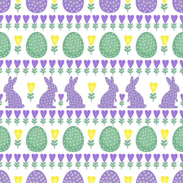 Lindo patrón de Pascua con conejo de Pascua, huevos de Pascua, planta y corazones sobre fondo blanco . — Vector de stock