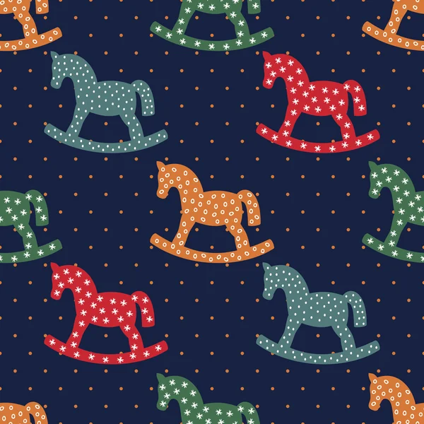 Seamless pattern with rocking horses on dark blue background. Cute baby shower background. Colorful child play illustration. — Stock Vector