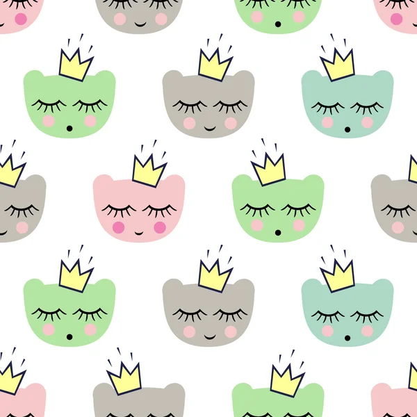 Seamless pattern with smiling sleeping bears with crowns for kids holidays. Cute baby shower vector background. — Stock Vector