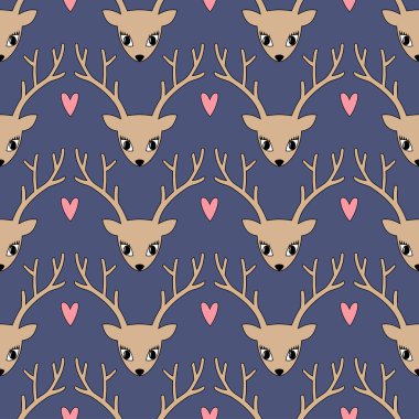 Sevimli geyik kış tatilleri için kalp arka plan ile. Merry Xmas illüstrasyon. Geyiği siluet seamless modeli baş.