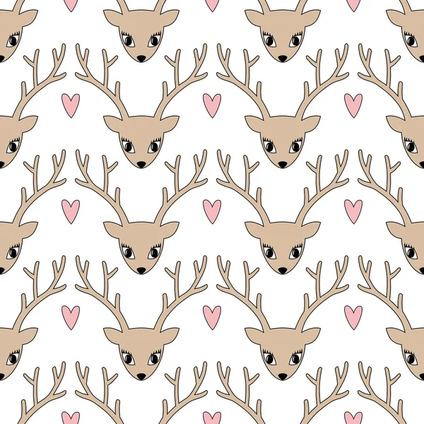 Tête de cerf motif sans couture. Cerf mignon avec fond de coeur pour les vacances d'hiver. Joyeux Noël illustration sur fond blanc . — Image vectorielle