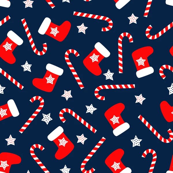 Dikişsiz Noel desen xmas çorap, yıldız ve şekerler. Neşeli Noel ve mutlu yeni yıl arka plan. Kış tatilleri için vektör tasarımı.