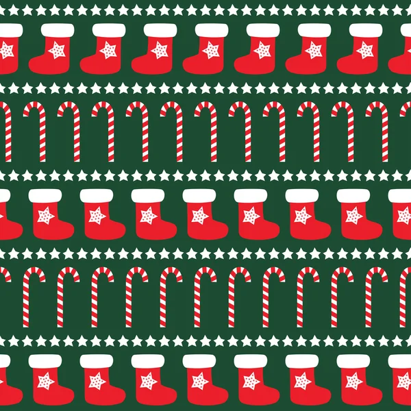 Seamless Christmas pattern with xmas socks, stars and candy canes. Happy New Year and Merry Xmas background. Vector design for winter holidays on dark green background. — Stock Vector