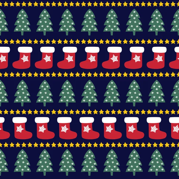 Nahtloses Weihnachtsmuster - Weihnachtsbäume, Sterne und Weihnachtssocken. Frohes neues Jahr und frohe Weihnachten Hintergrund. — Stockvektor