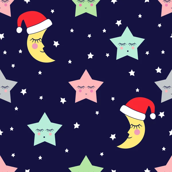 Бесшовный узор со спящими звездами и луной с шляпой Санта-Клауса для детских праздников. Концепция зимнего отдыха. Рождественская иллюстрация . — стоковый вектор