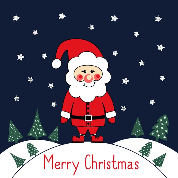 Feliz tarjeta de Navidad con Santa Claus lindo, árboles de Navidad y estrellas sobre fondo azul oscuro . — Vector de stock