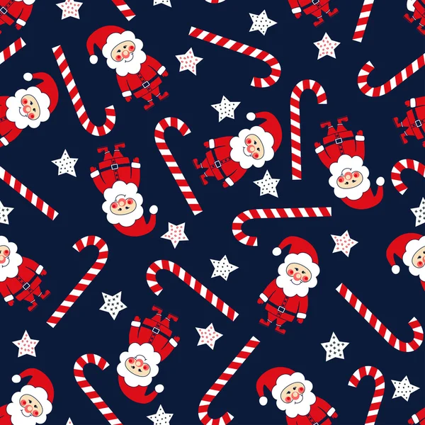 Seamless Christmas pattern with Santa Claus, stars and candy cane. — Stock Vector