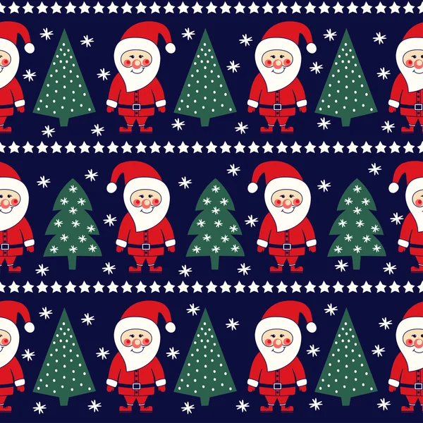Motivo di Natale senza cuciture con Babbo Natale, stelle e albero di Natale — Vettoriale Stock