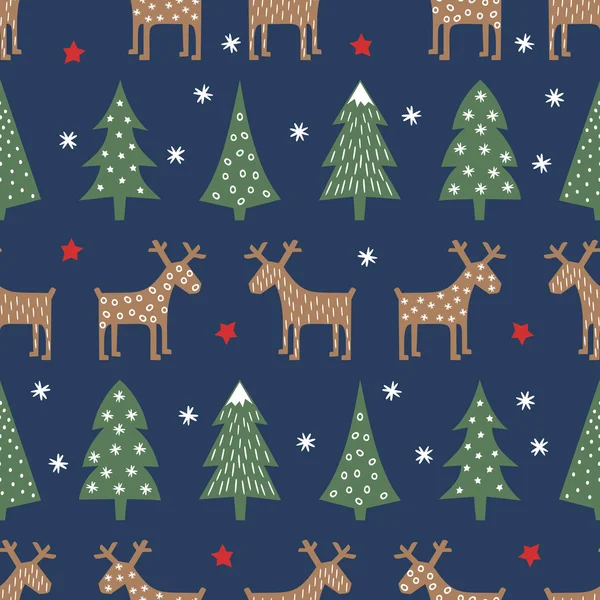 Seamless Christmas pattern - varied Xmas trees, deer, stars and snowflakes. Colorful Happy New Year background. — Stock Vector