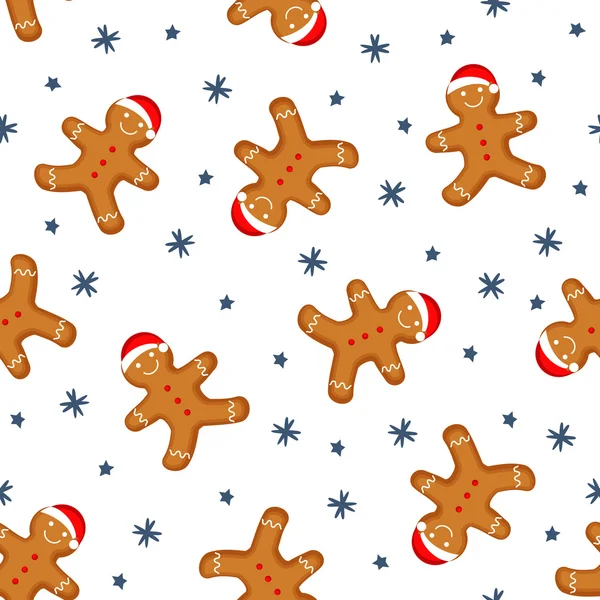 Gingerbread man is decorated in xmas hat seamless background texture. Cute vector pattern for new year's day, christmas, winter holiday, cooking, new year's eve, food, etc. — Stock Vector
