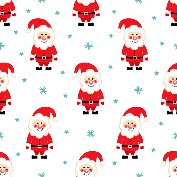Nahtloses Weihnachtsmuster mit Weihnachtsmann, Schnee und Sternen auf weißem Hintergrund. niedliche Weihnachtshintergrund. — Stockvektor