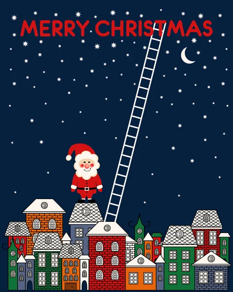 Merry Christmas card with Santa Claus, old town, night sky, stairs on blue background. — Stock Vector