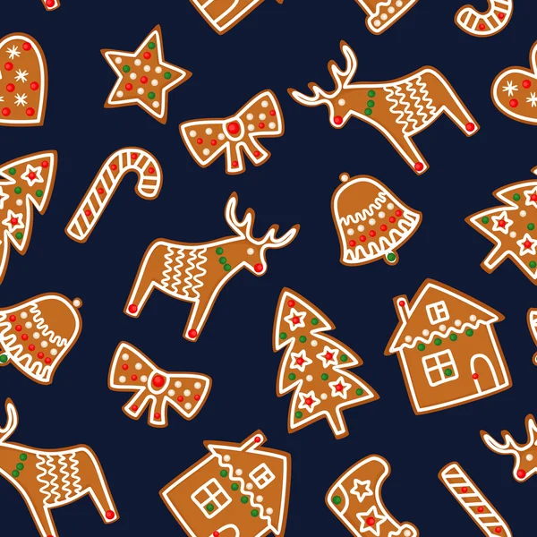Niedliches nahtloses Muster mit weihnachtlichen Lebkuchen - Weihnachtsbaum, Zuckerrohr, Glocke, Socke, Stern, Haus, Schleife, Herz, Hirsch — Stockvektor