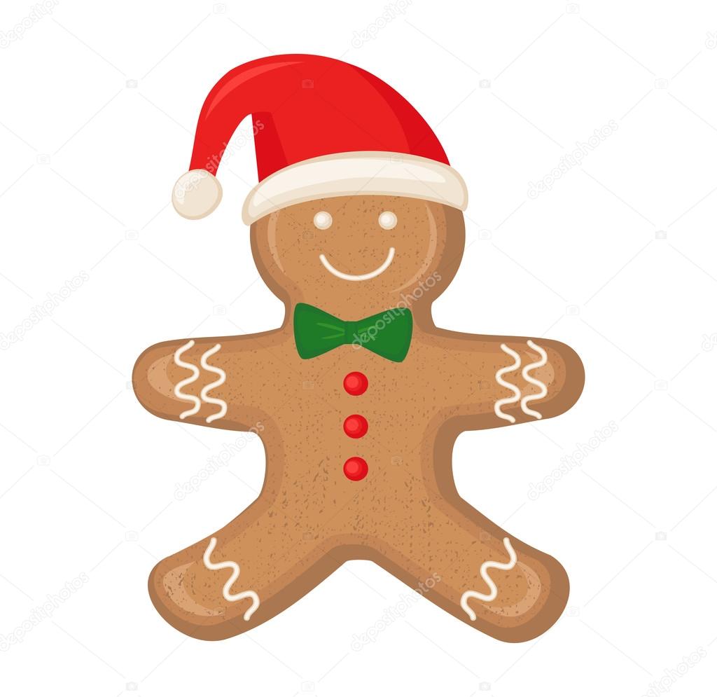 Gingerbread man is decorated colored icing isolated on white background.