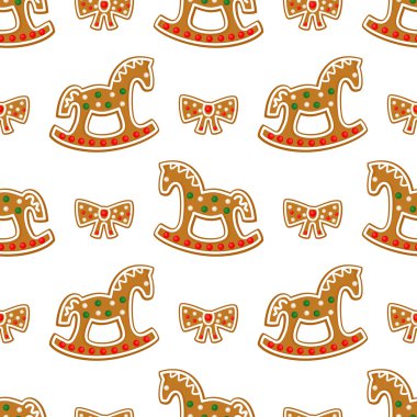 Noel gingerbread çerezleri - sallanan at ve yay ile Seamless Modeli.
