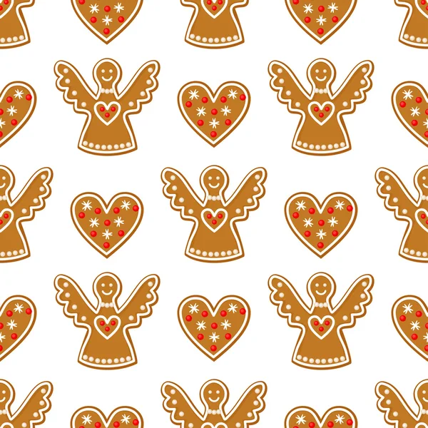 Seamless pattern with Christmas gingerbread cookies - angel and sweet heart — Stockvector