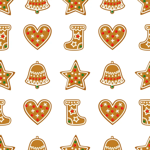 Seamless pattern with Christmas gingerbread cookies - bell, xmas stocking, star, heart. — Stock Vector