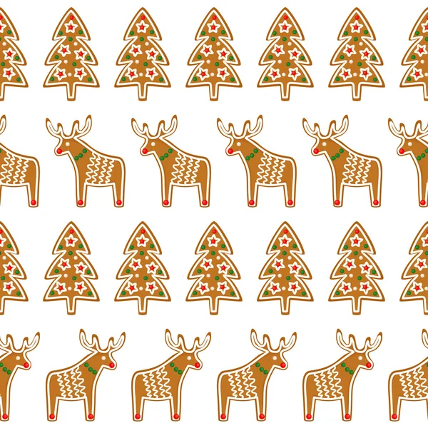 Seamless pattern with Christmas gingerbread cookies - xmas tree and deer. — Stock Vector